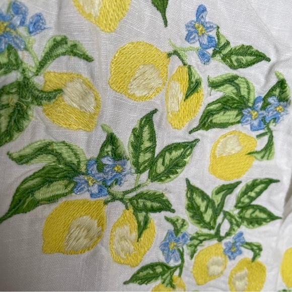 Talbots Tie Detail Embroidered 100% Linen Top Lemon Novelty Print 2X - Picture 9 of 11